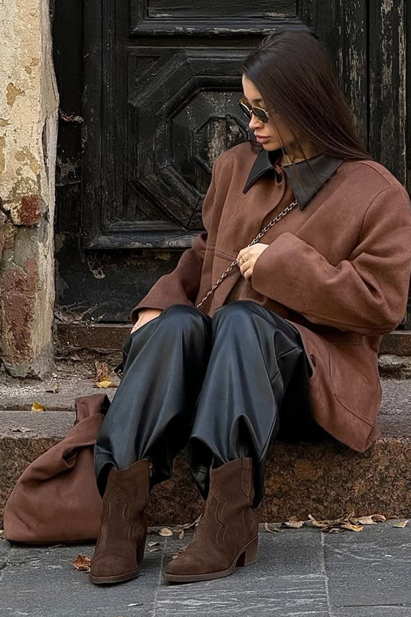 Suede Patchwork Lapel Coat - Fashionpara