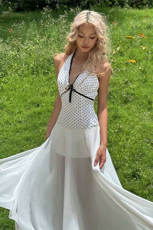 Floral Print Polka Dot Backless Tie Maxi Dress - Fashionpara