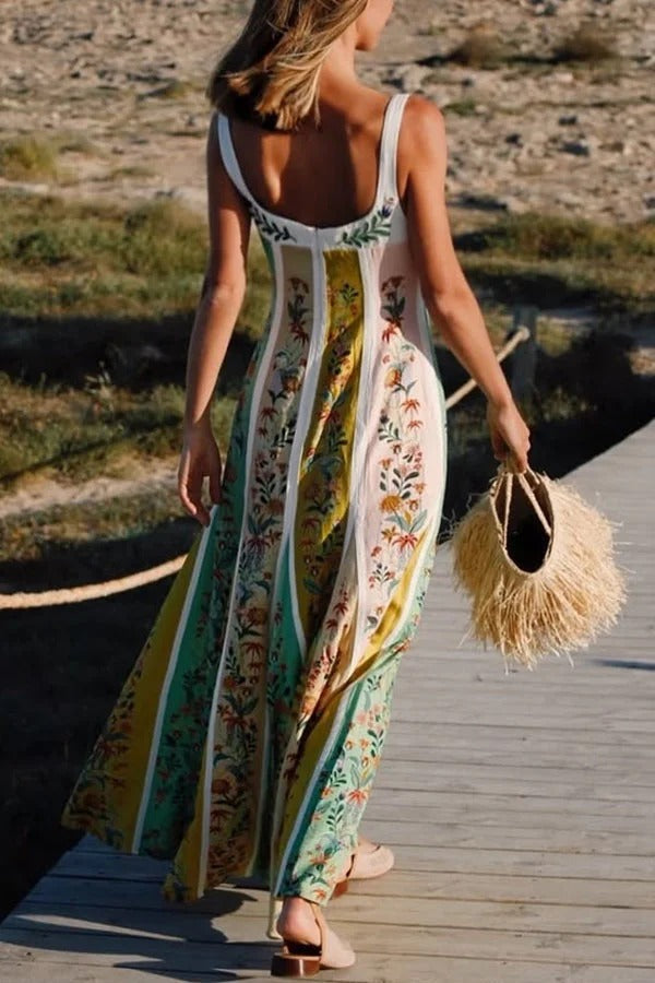 Sweet Garden Linen Blend Color Block Floral Paneled Maxi Dress - Fashionpara