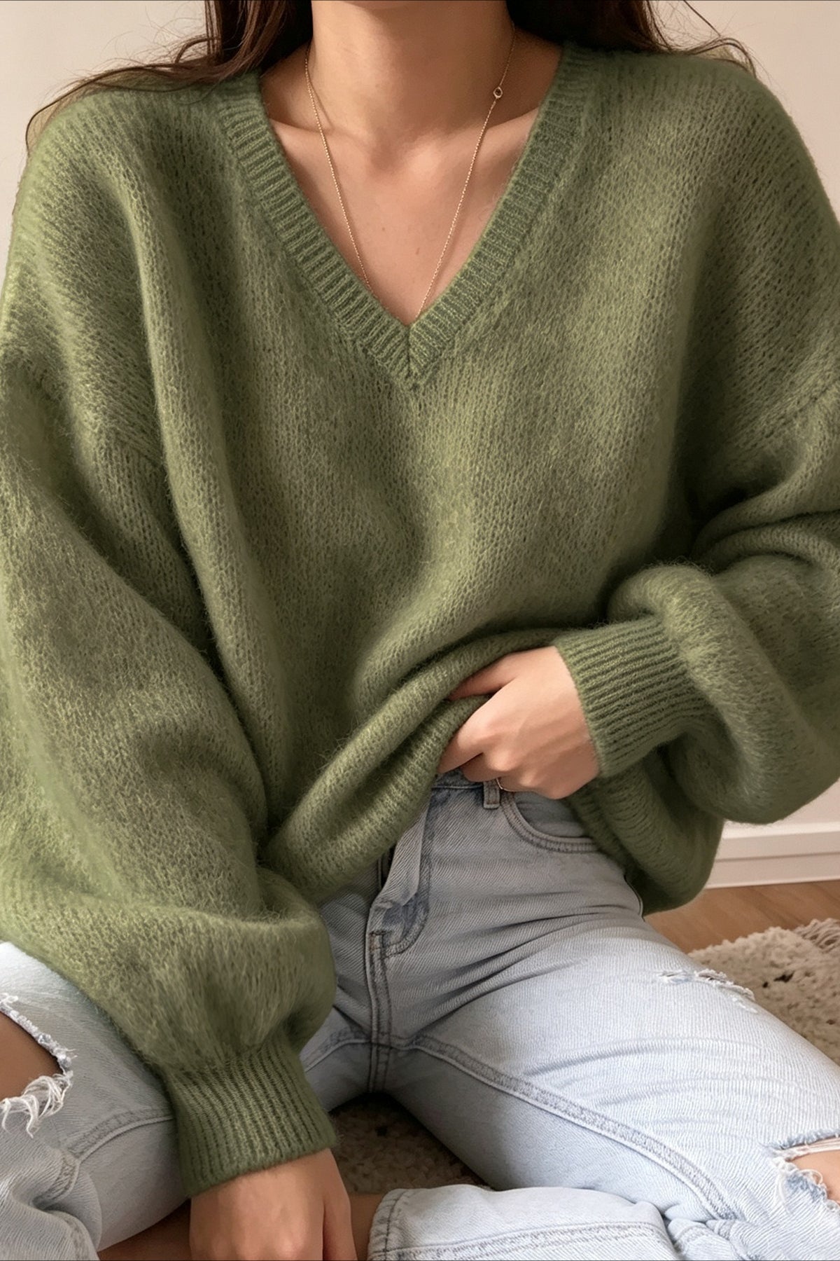 Oversized V Neck Balloon Sleeve Knit Sweater
