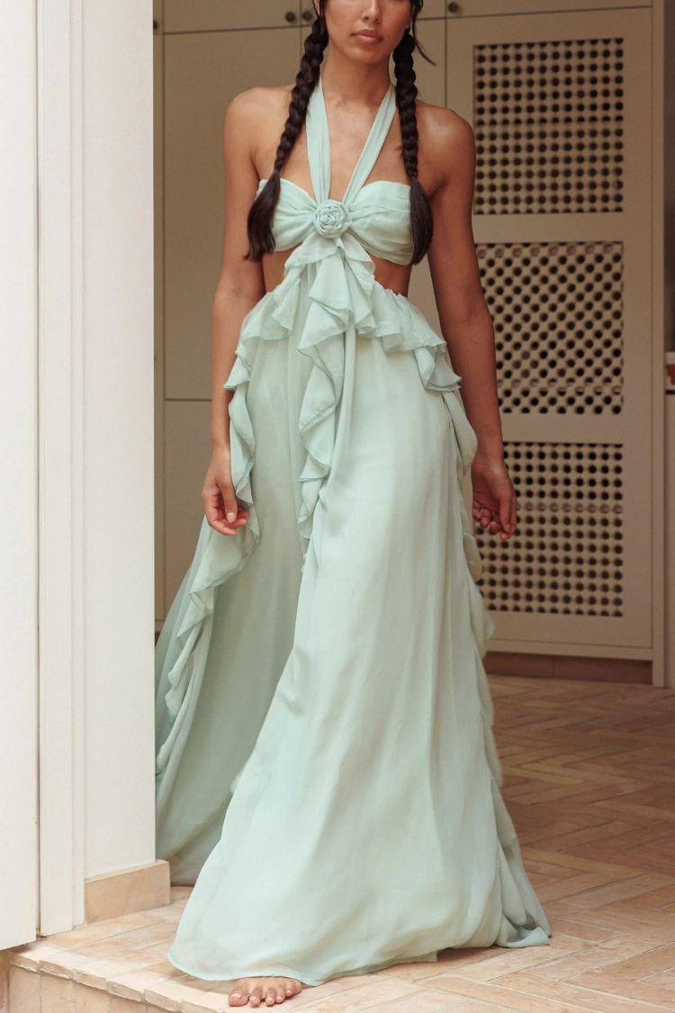 Gorgeous Vacation Halter Rose Detail Cut Out Ruffles Backless Maxi Dress - Fashionpara