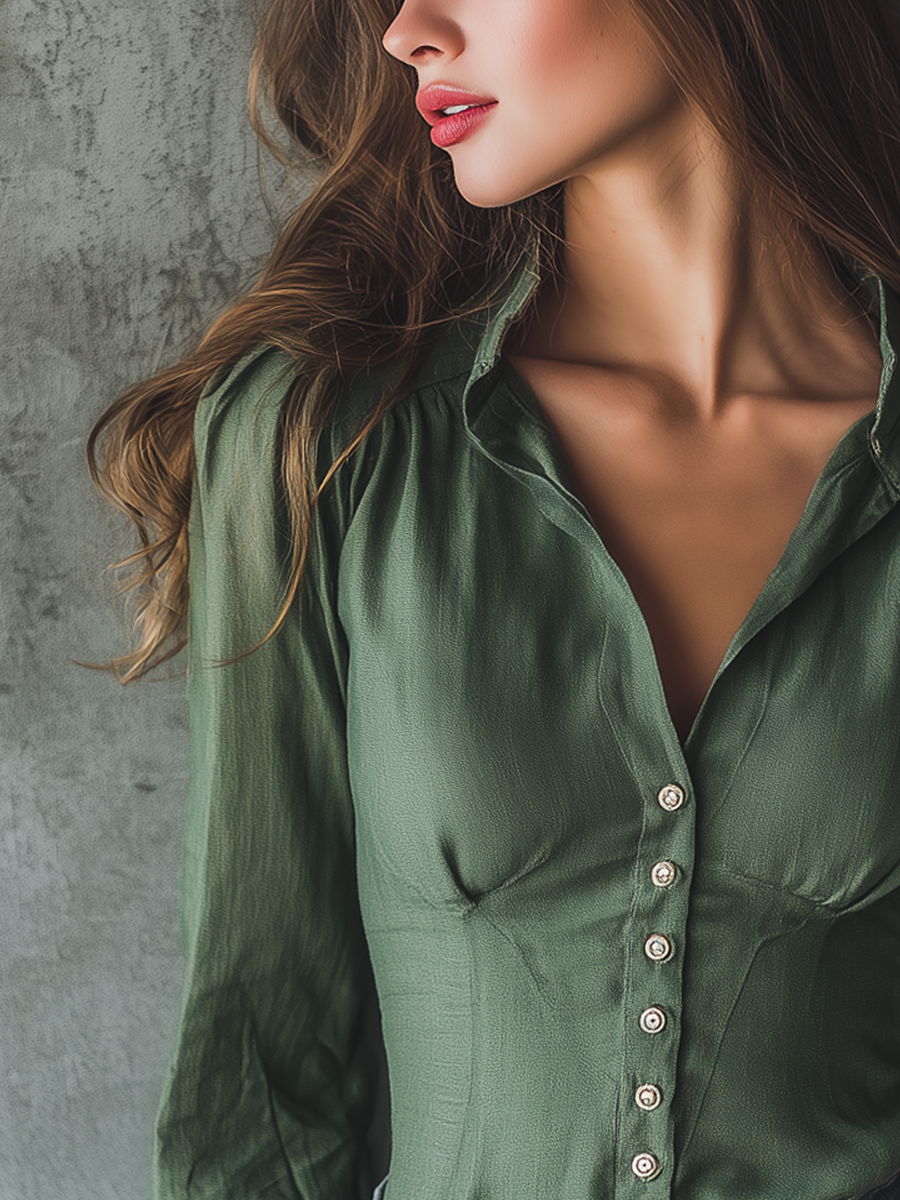 Retro V-Neck Slim Fit Cotton Linen Long-sleeved Blouse - Fashionpara