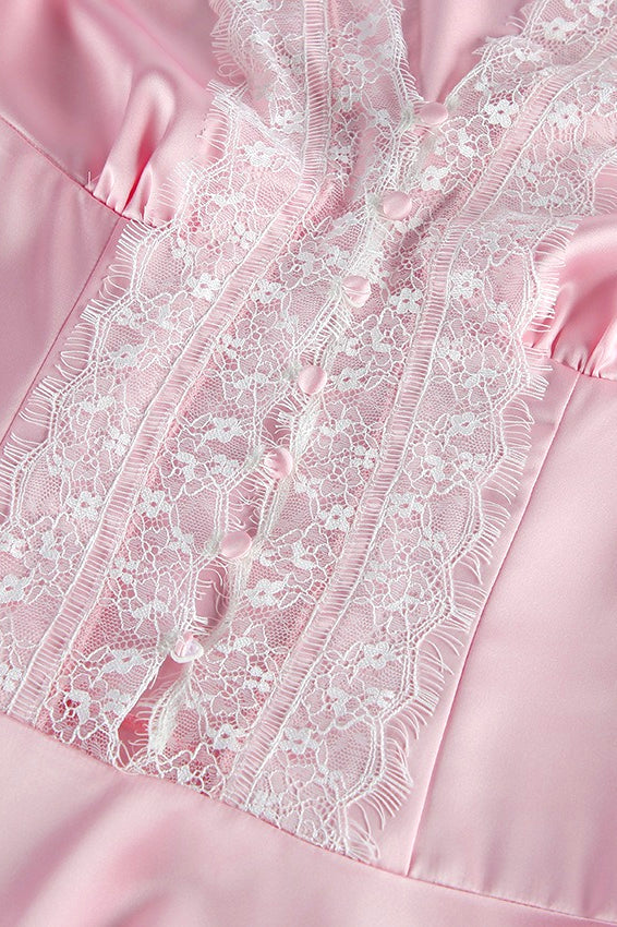 Satin Lace Trim Button Front Puff Sleeve Mini Dress 6