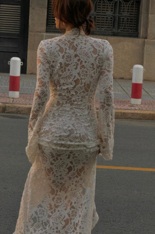 Lace Patchwork Slit Long Sleeve Maxi Dress
