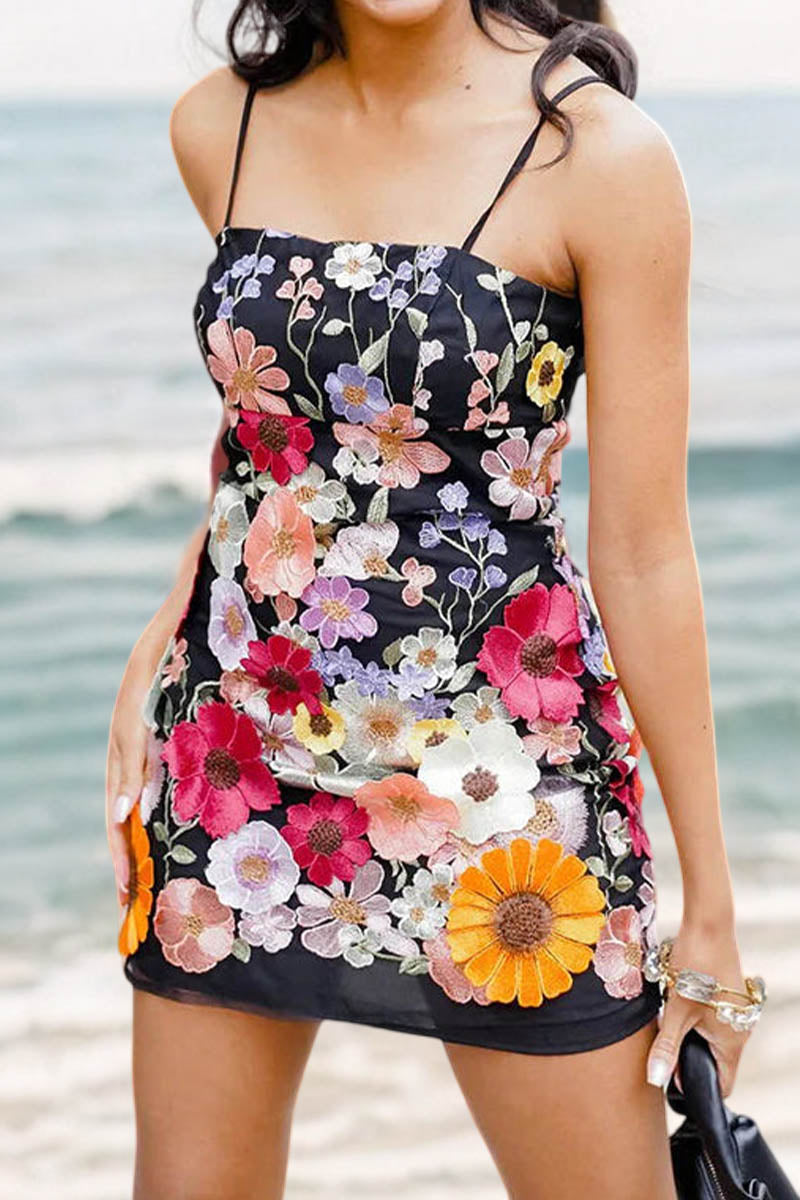 3D Lace Flower Embroidered Suspender Dress - Fashionpara