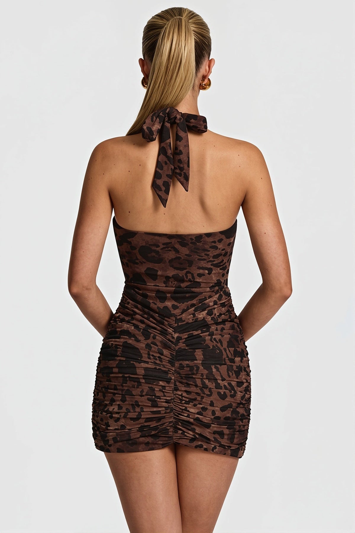 Leopard Print Halter Neck Plunge Ruched Mini Dress 3