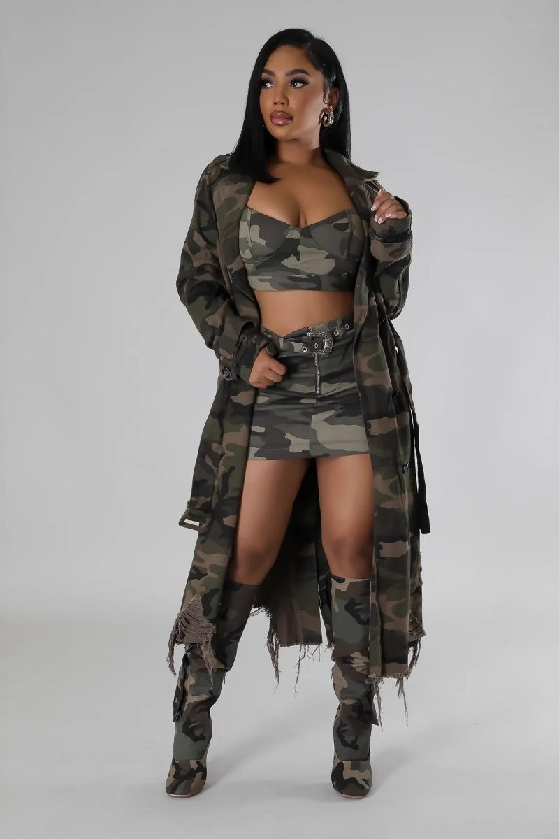 Distressed Camo Long Overcoat for Stylish All-Season Wear