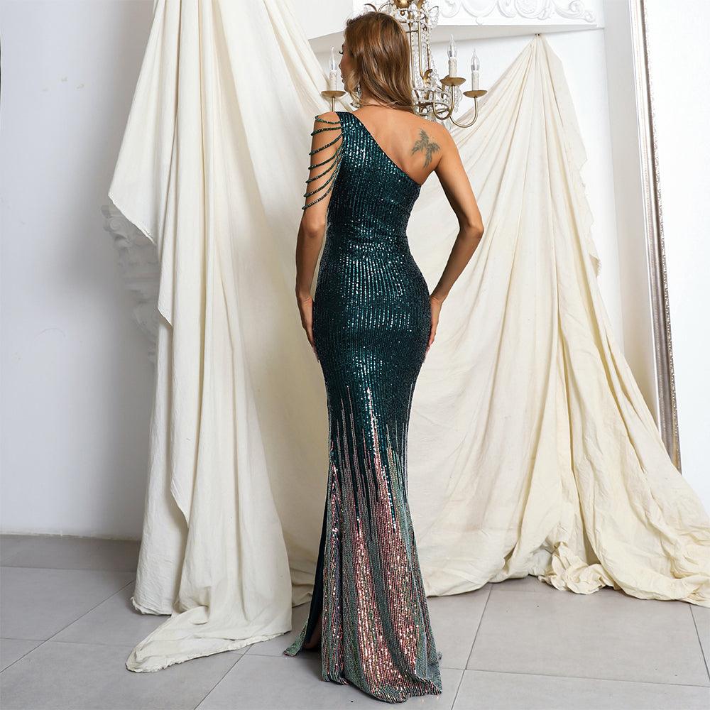 Diamond Rain Single Shoulder Sequins Dress - Fashionpara