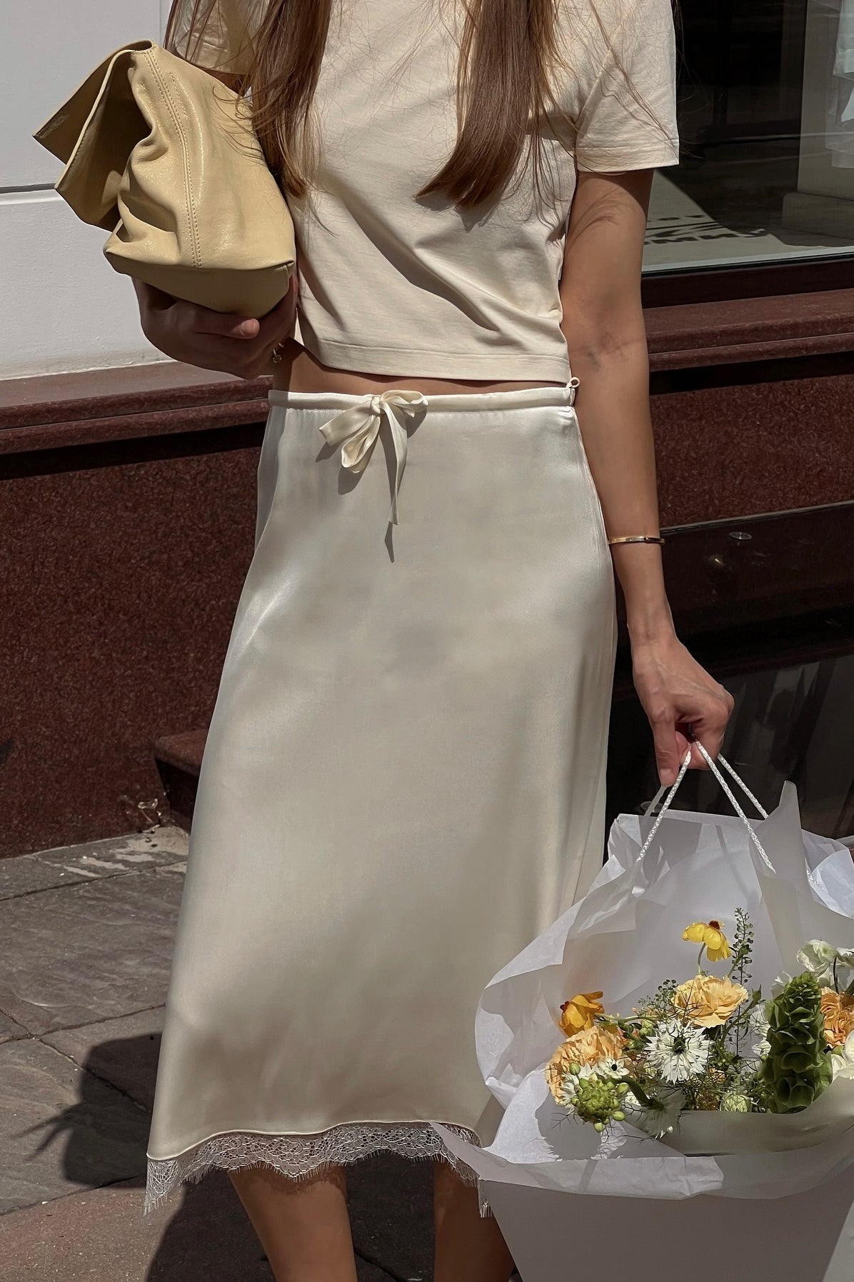 Tie Waist Lace Trim Midi Skirt