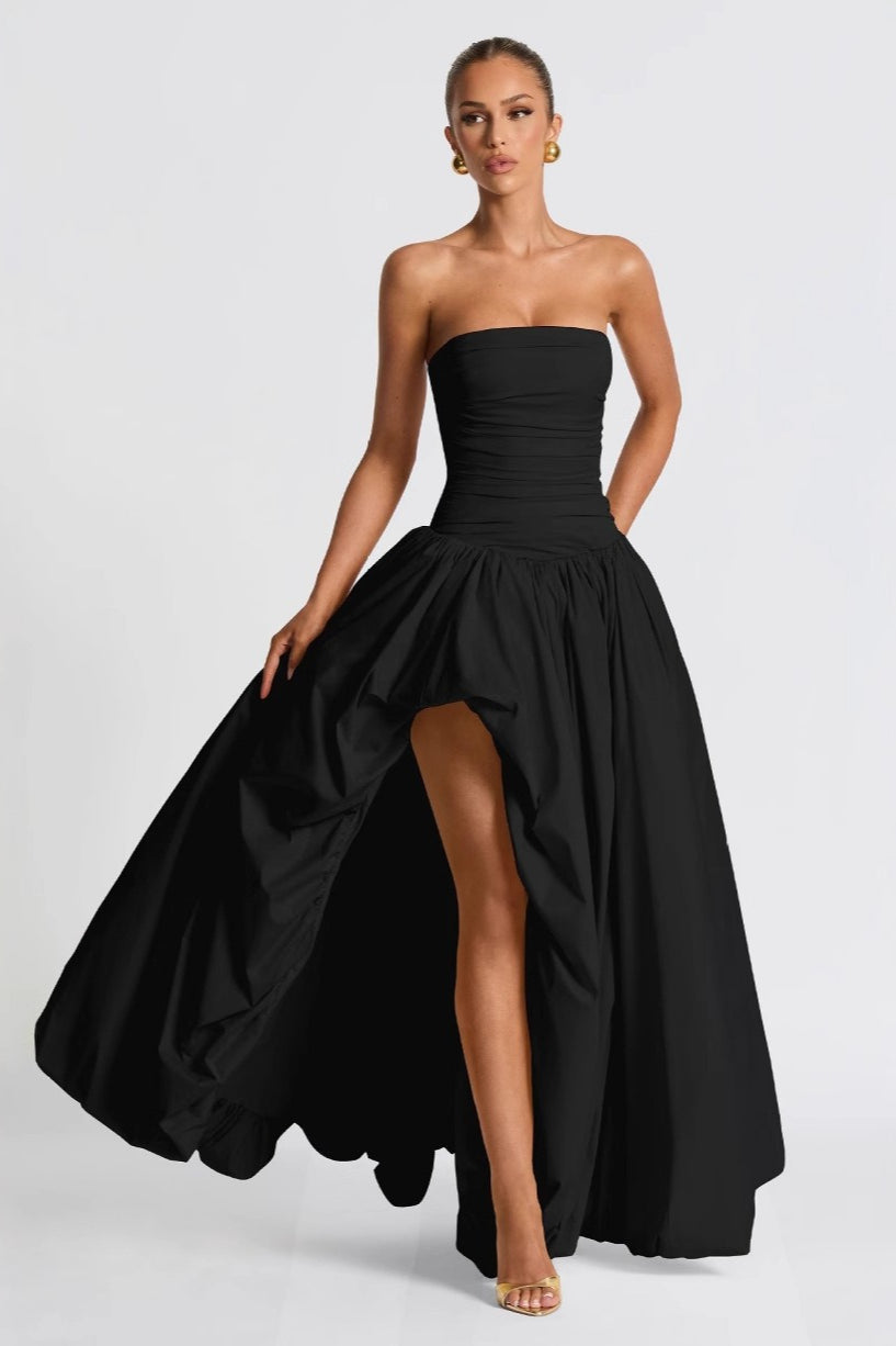Strapless Ruched Bubble Hem High Low Maxi Gown 3