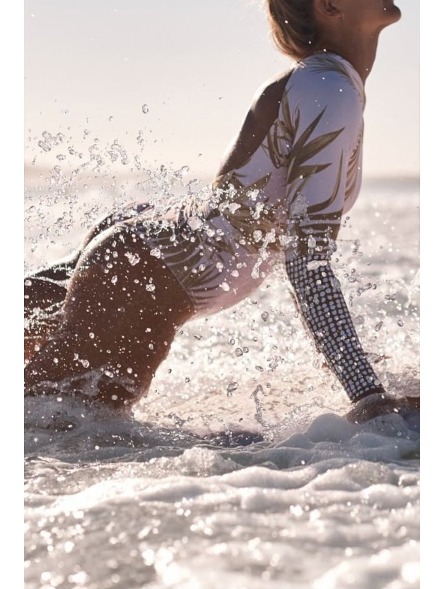 Leaf Printed Patchwork White One-piece Swimsuit - Fashionpara