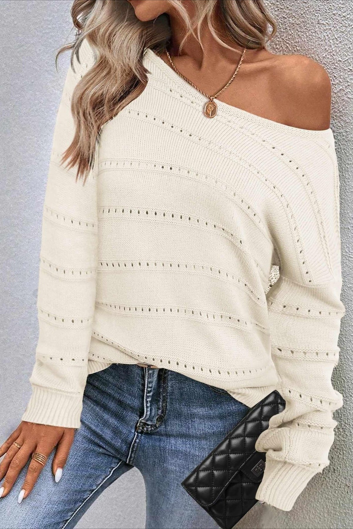 Openwork Boat Neck Relaxed Sweater