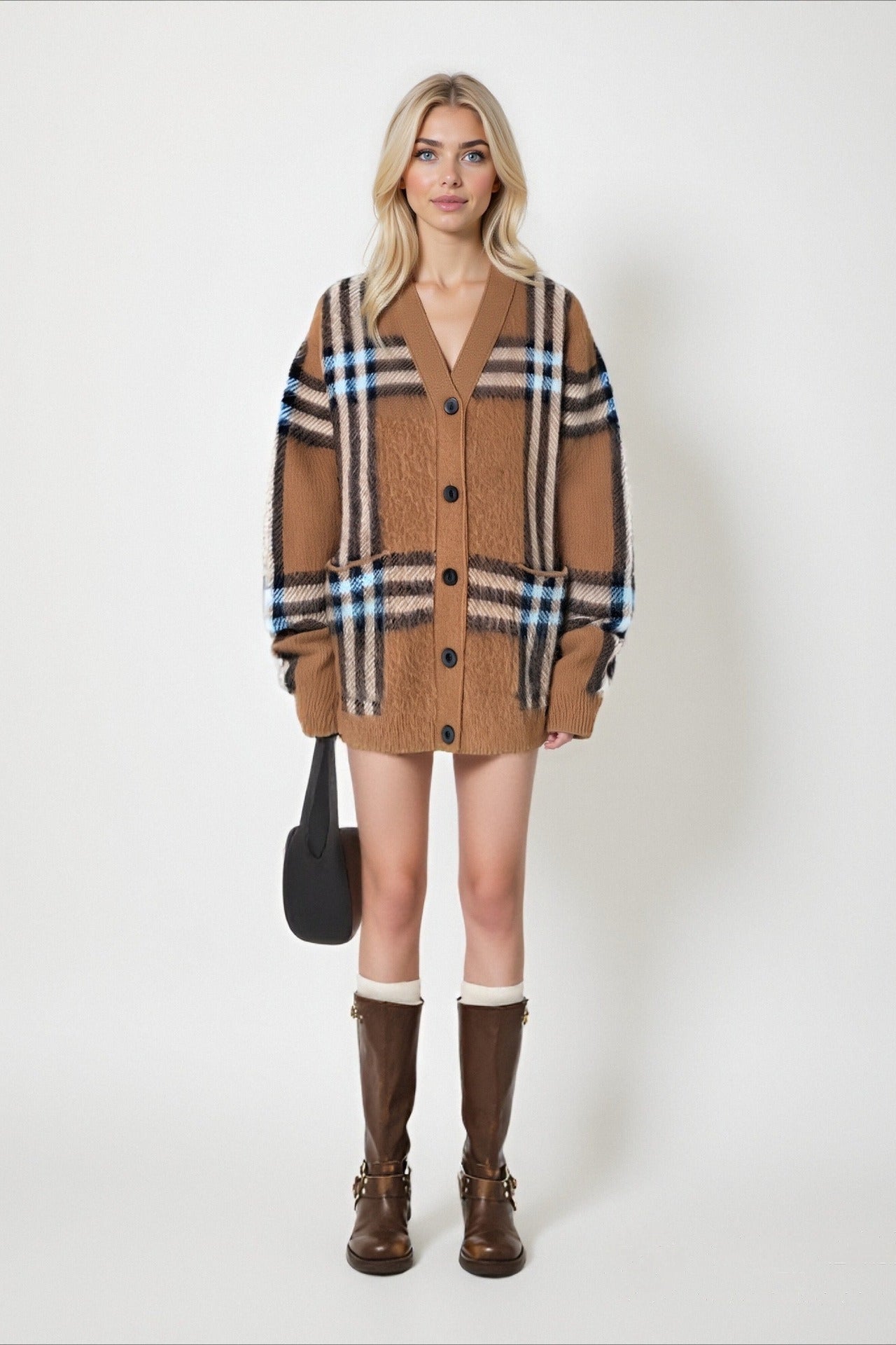 Plaid Retro Plus Size V Neck Knit Cardigan for Cozy Style