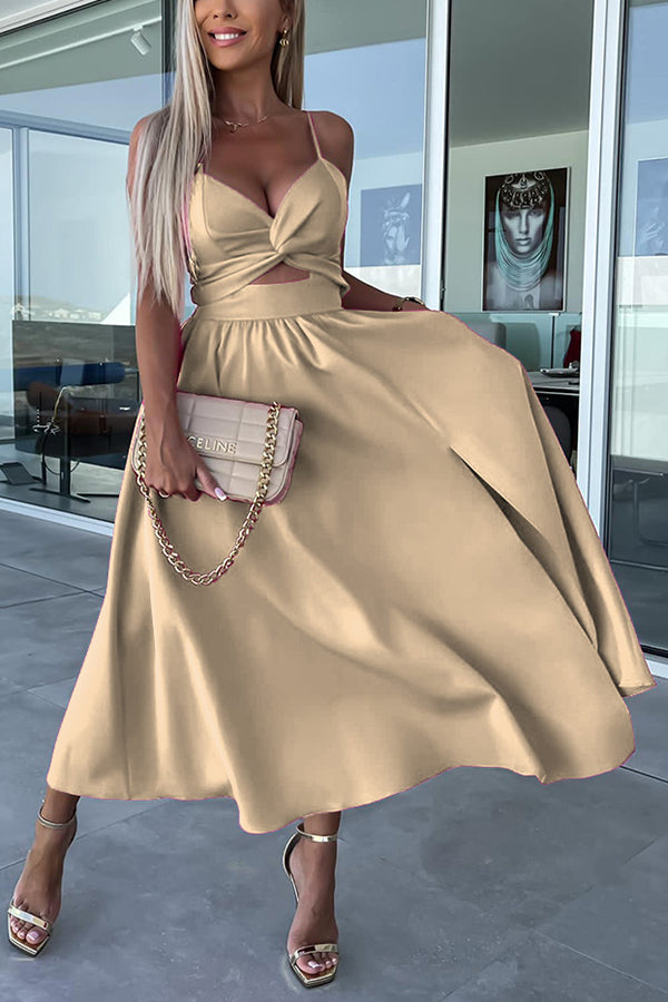 Spaghetti Strap Twist Front Cut Out High Split A-Line Midi Dress - View 19
