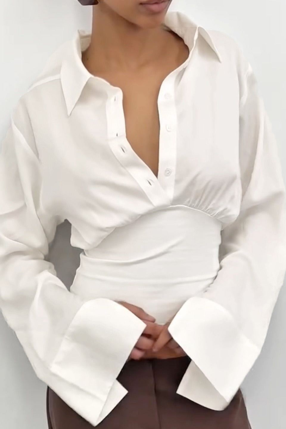 Sleeve Panel Solid Polo Blouse