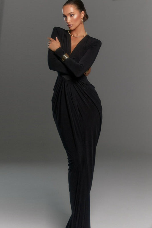 Deep V-Neck Padded Shoulder Long Sleeve Ruched High Split Gown - View 3