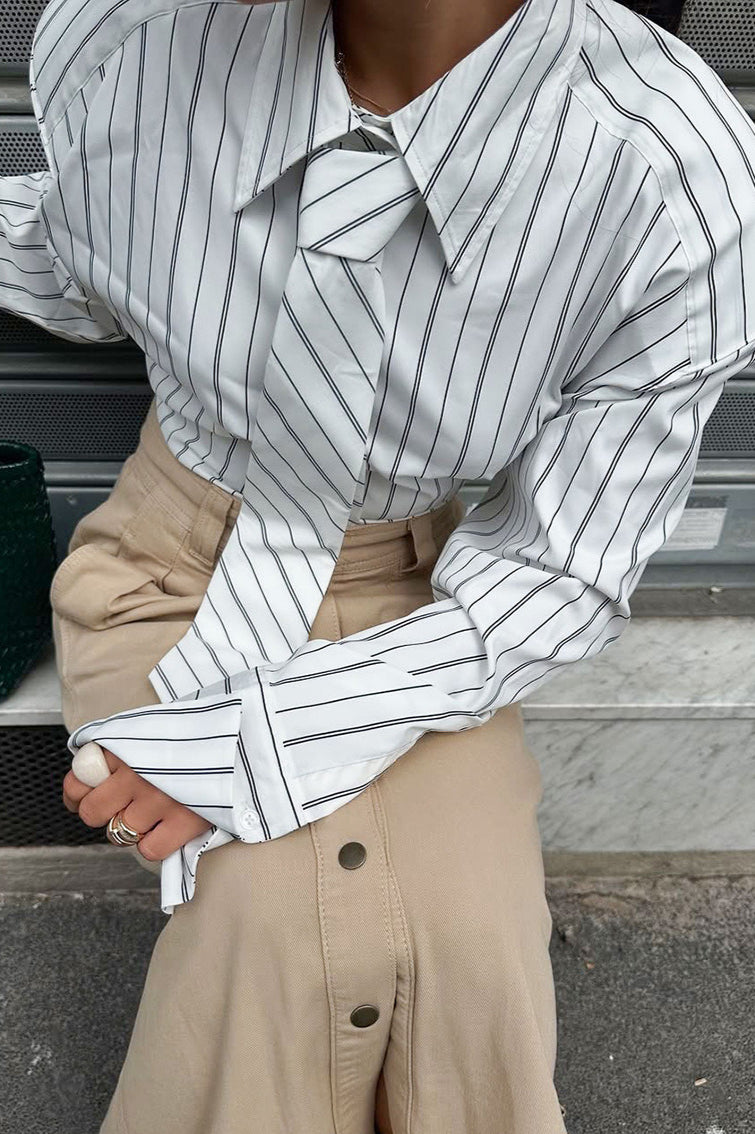 Striped Tie Shoulder Pad Smart Blouse