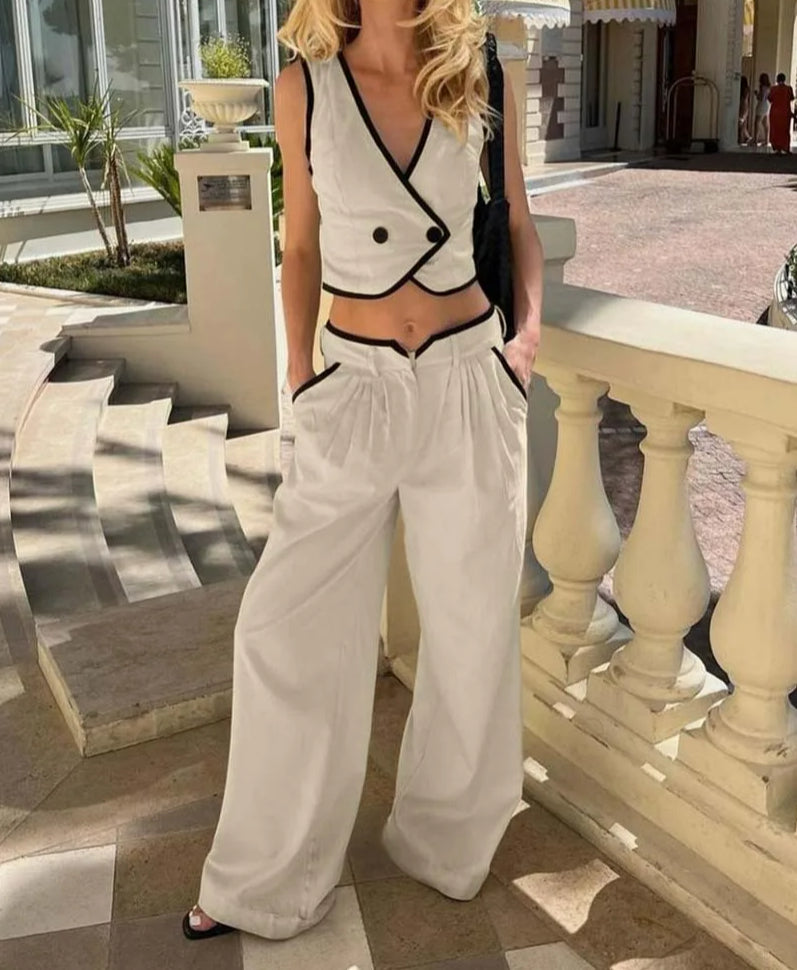 Khaki Cotton Patchwork Pockets Pants Office Two Piece Set