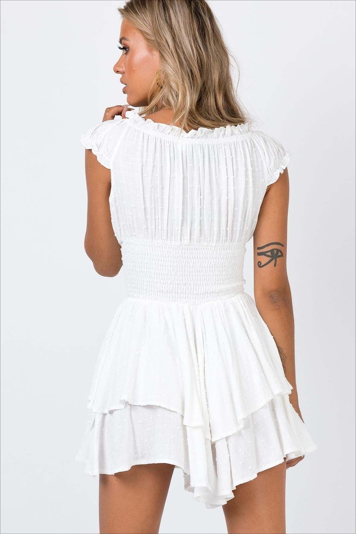 Swiss Dot Off Shoulder Smocked Ruffle Mini Dress