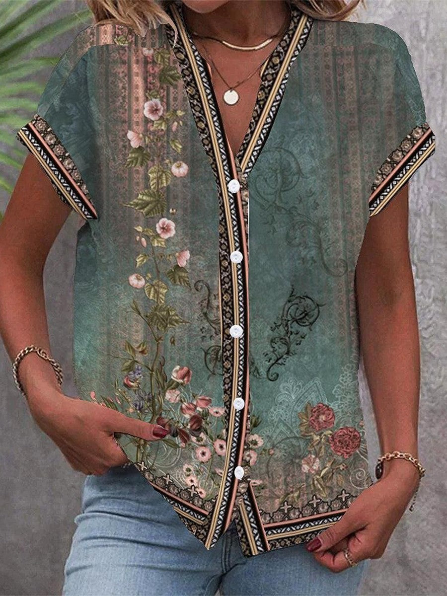 Floral Border Print V-Neck Short Sleeve Button Down Blouse