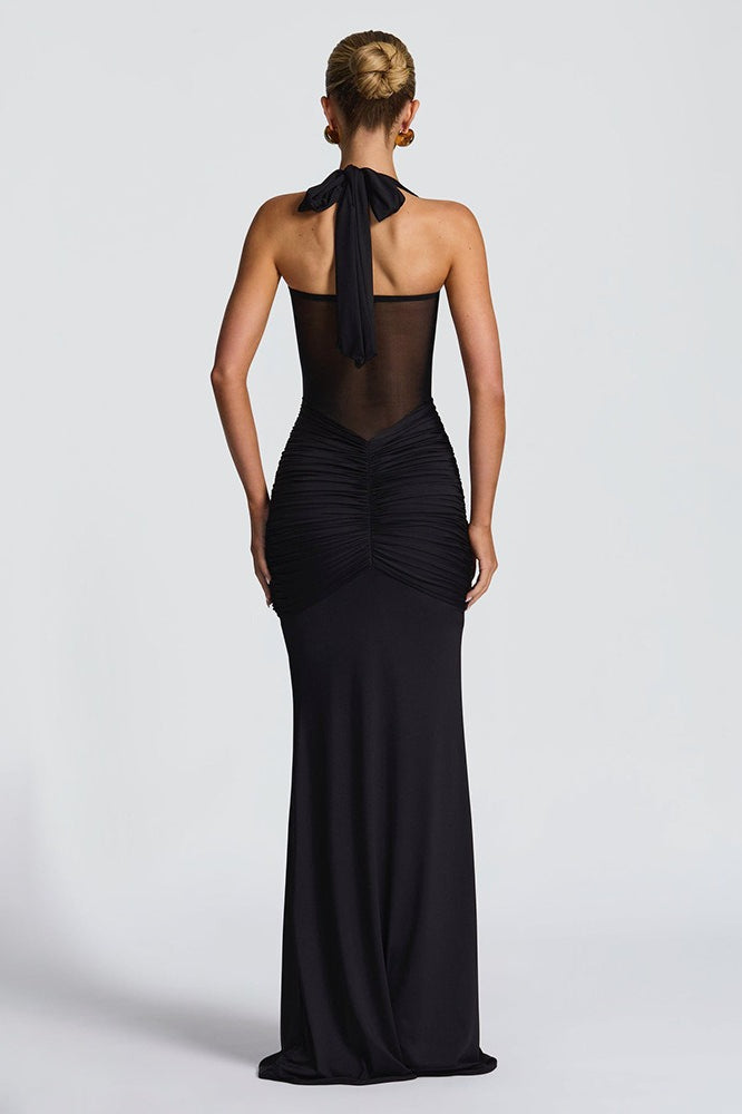 Halter Sweetheart Mesh-Cutout Ruched Mermaid Gown