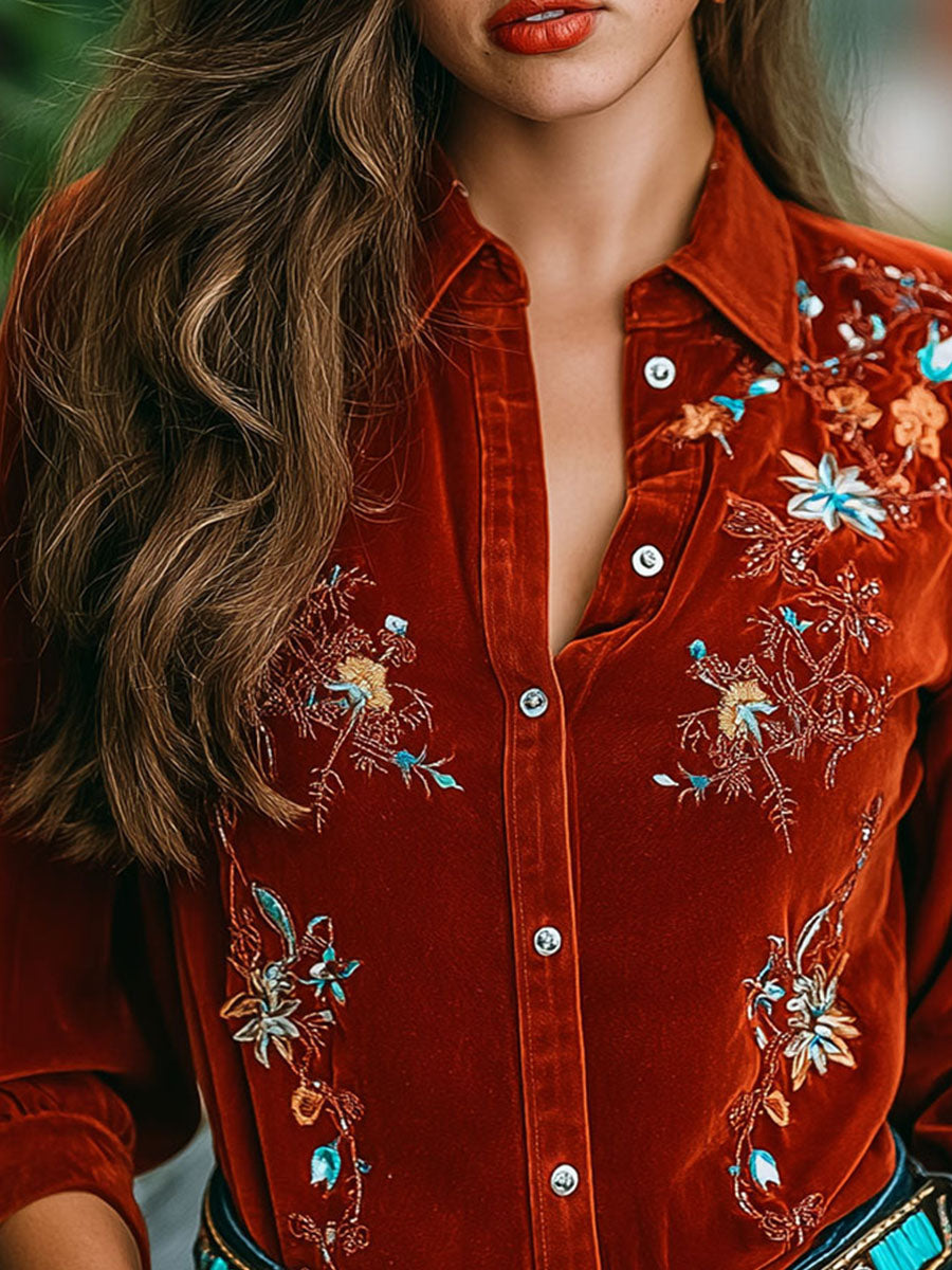 Boho Rust Red Embroidered Button-Up Velvet Shirt - Fashionpara
