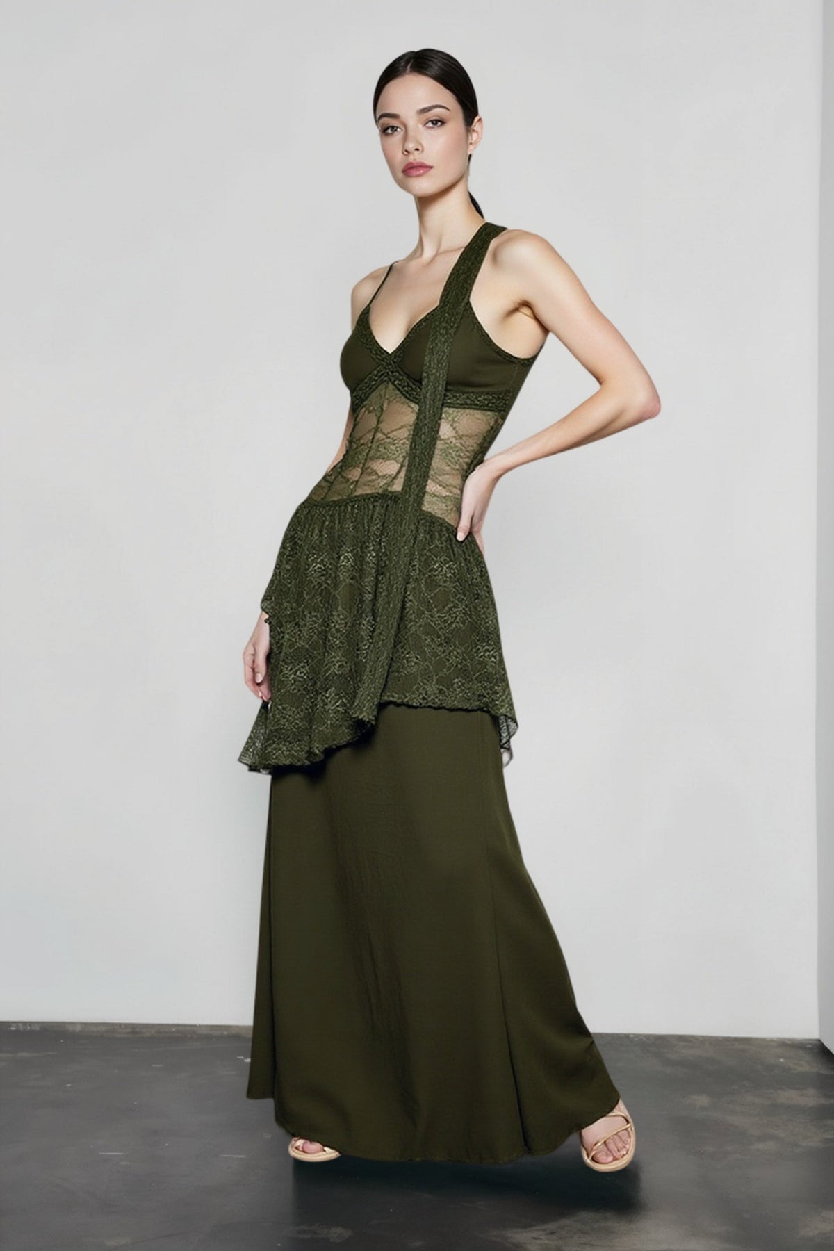 Sheer Lace Overlay V-Neck Handkerchief Maxi Dress 3