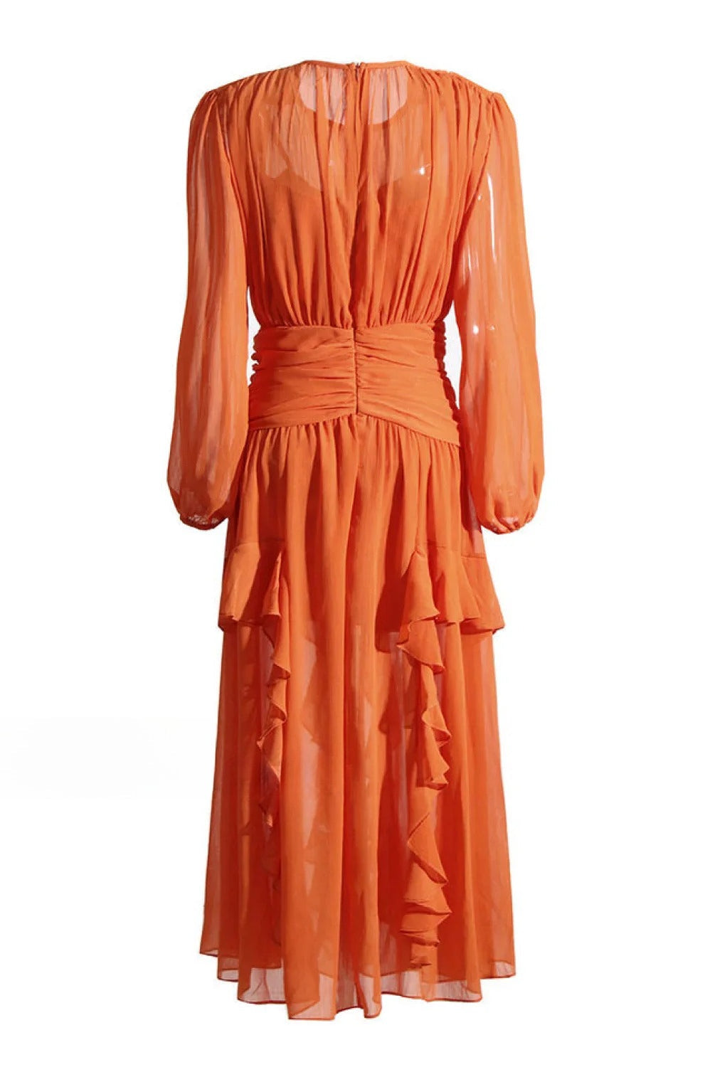 Chiffon Crew-Neck Long Sleeve Ruffle Maxi Dress