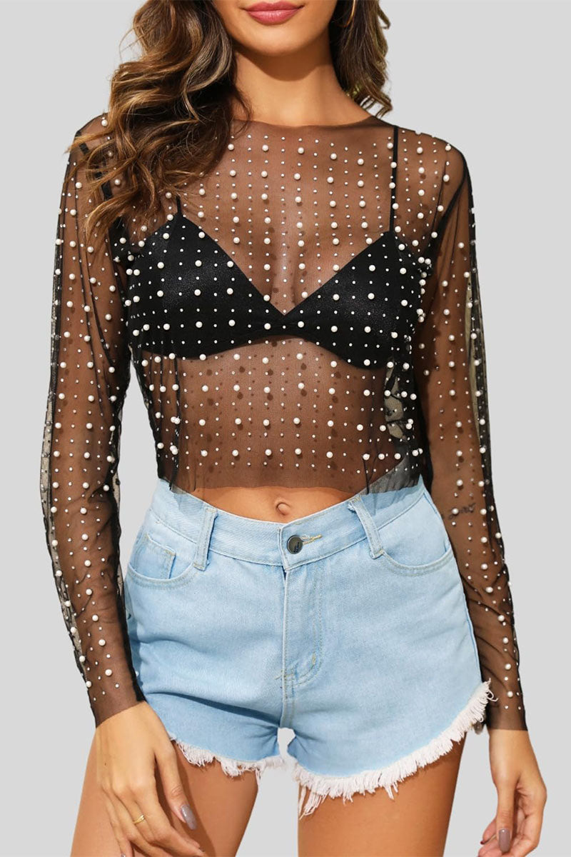 O-neck fashion sexy white transparent imitation diamond pearl black transparent sexy mesh women's long-sleeved shirt