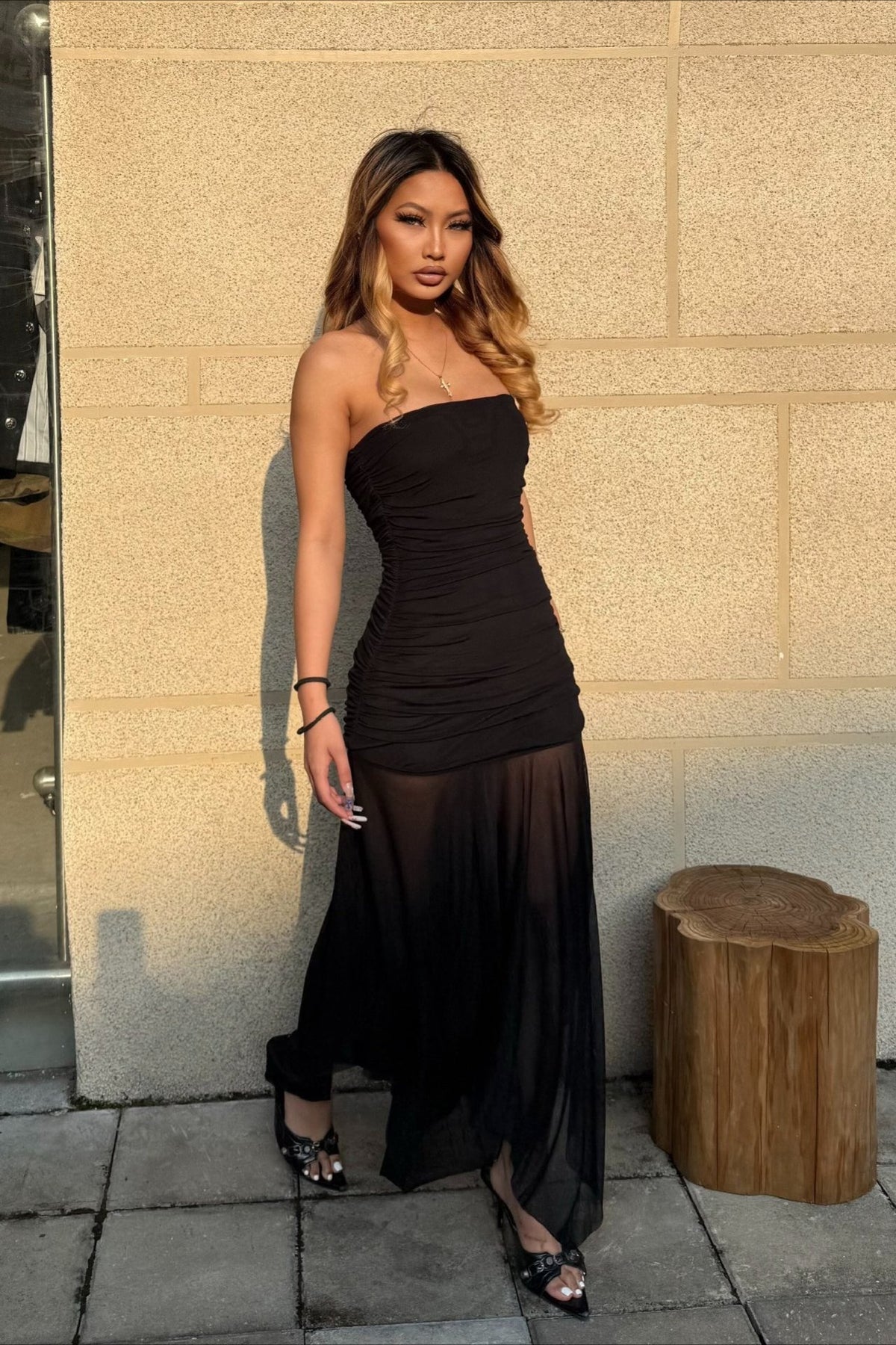 Mesh Strapless Ruched Sheer Skirt Maxi Dress
