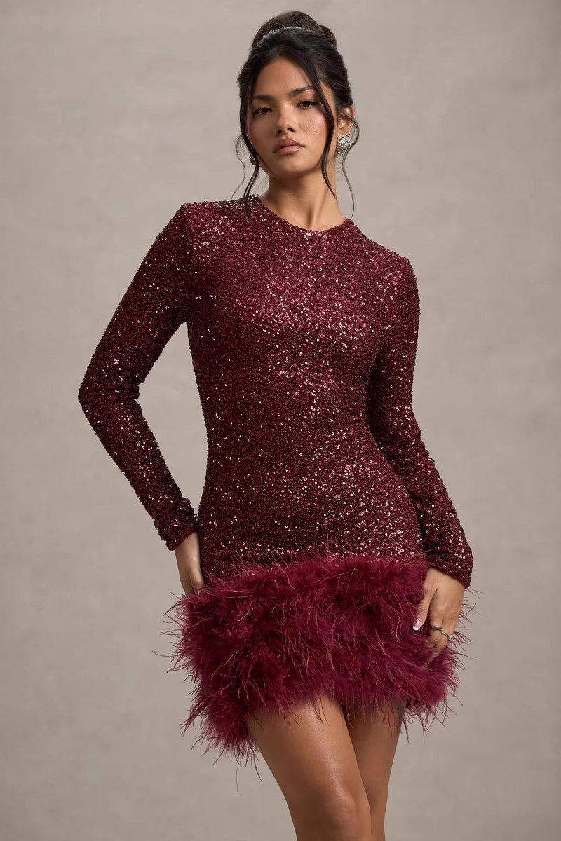 Chic Long Sleeve Crew Neck Solid Sequin Feather Sequin Dress - Fashionpara