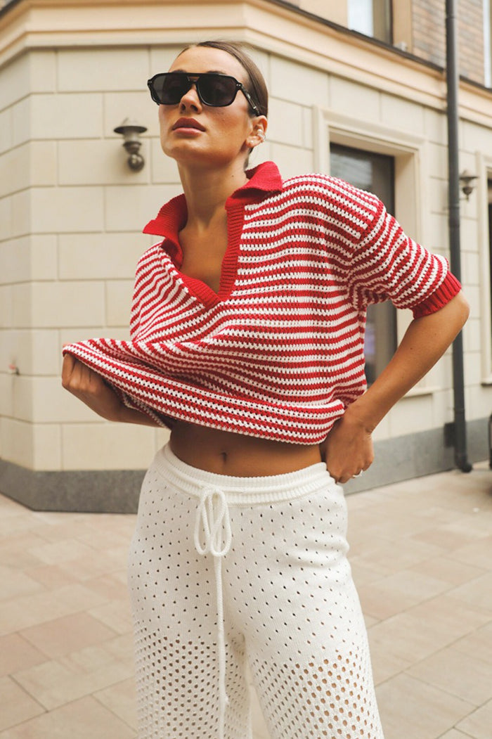 Striped Open Collar Short Sleeve Knit Sweater 11