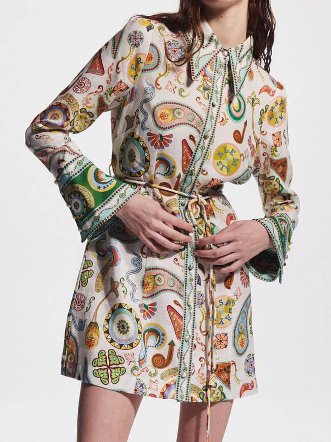 Paisley Print Collared Long Sleeve Shirt Mini Dress