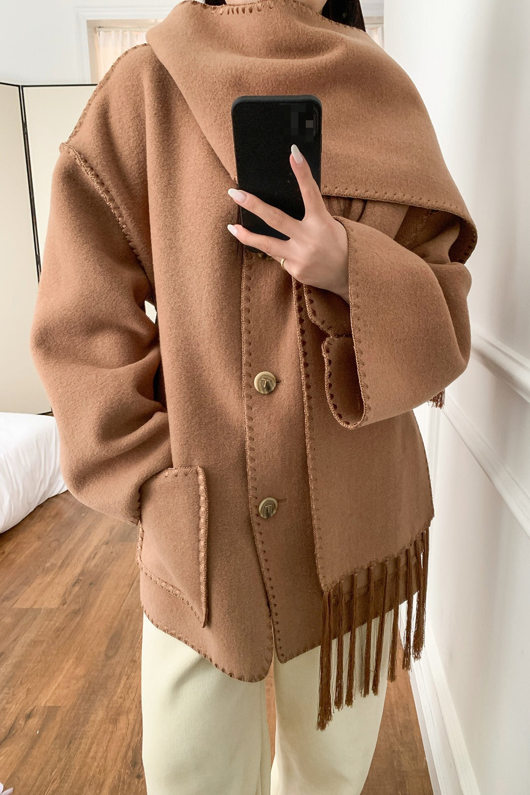 Scarf Collar Tassel Solid Wool Embroidered Coat