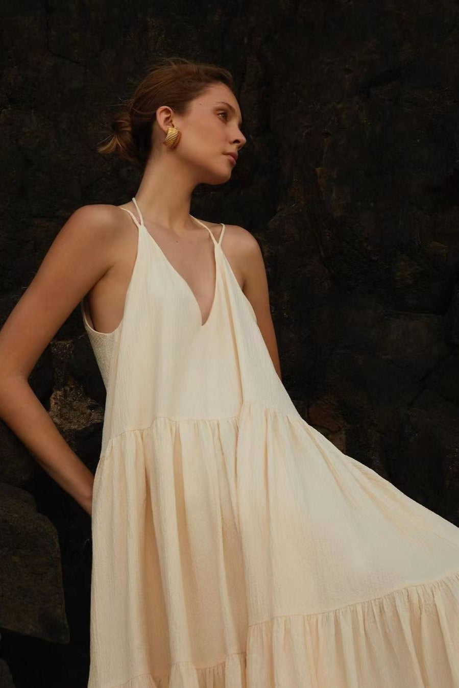 Textured V-Neck Strappy Tiered Trapeze Maxi Dress