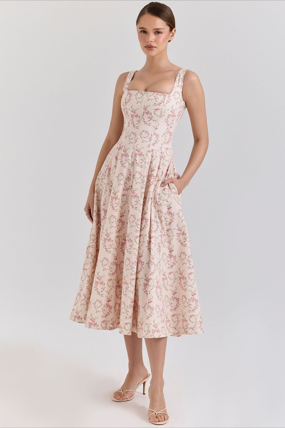 Floral Print Square Neck Corset Fit & Flare Midi Dress