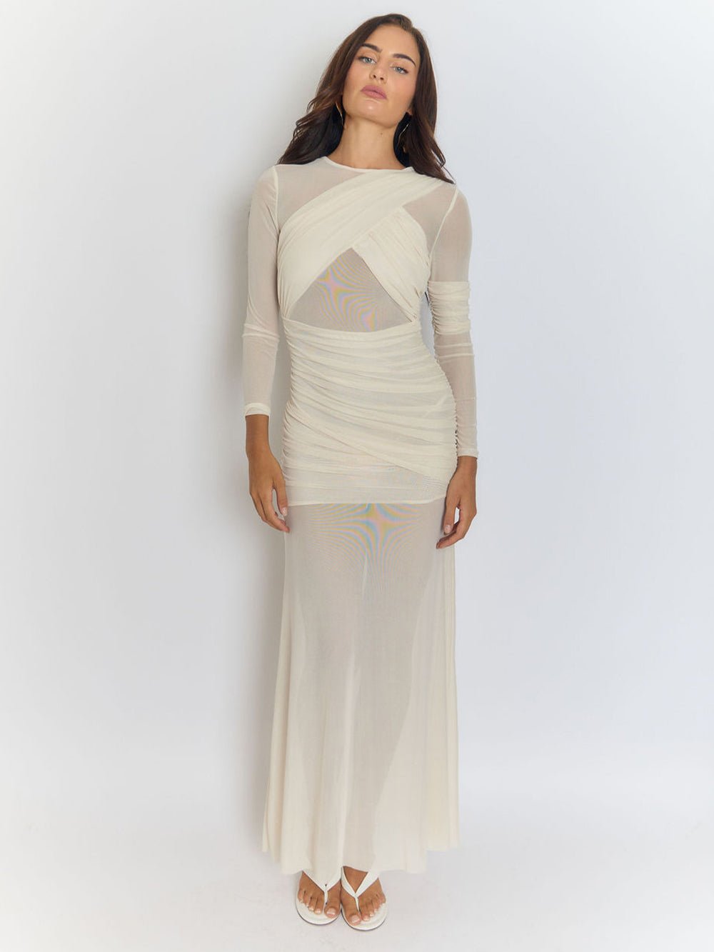 Cecilia Mesh Maxi Dress In White in Beige - View 9