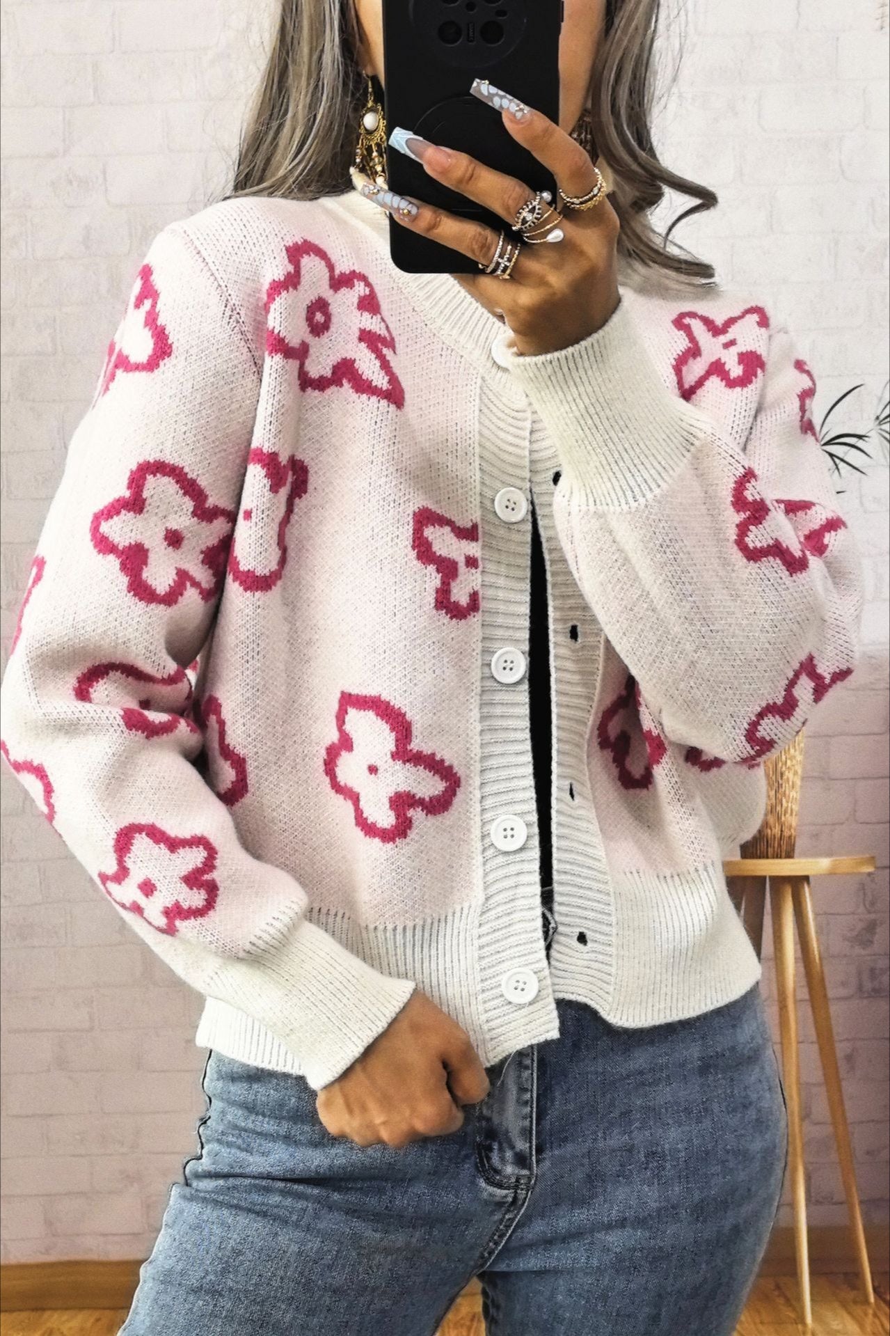 Floral Jacquard Knit Cardigan with Elegant Button Detail