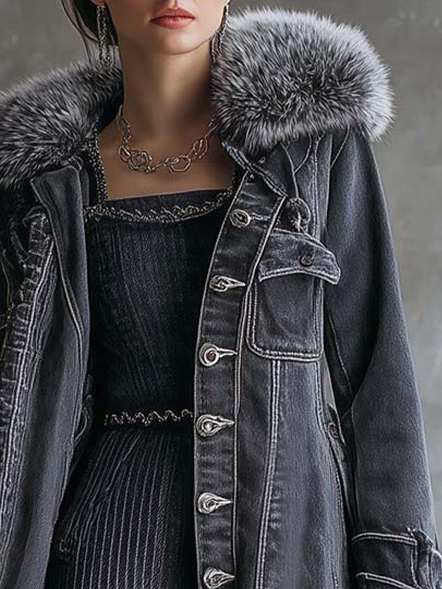 Vintage Washed Grey Denim Coat With Faux Fur Collar - Fashionpara