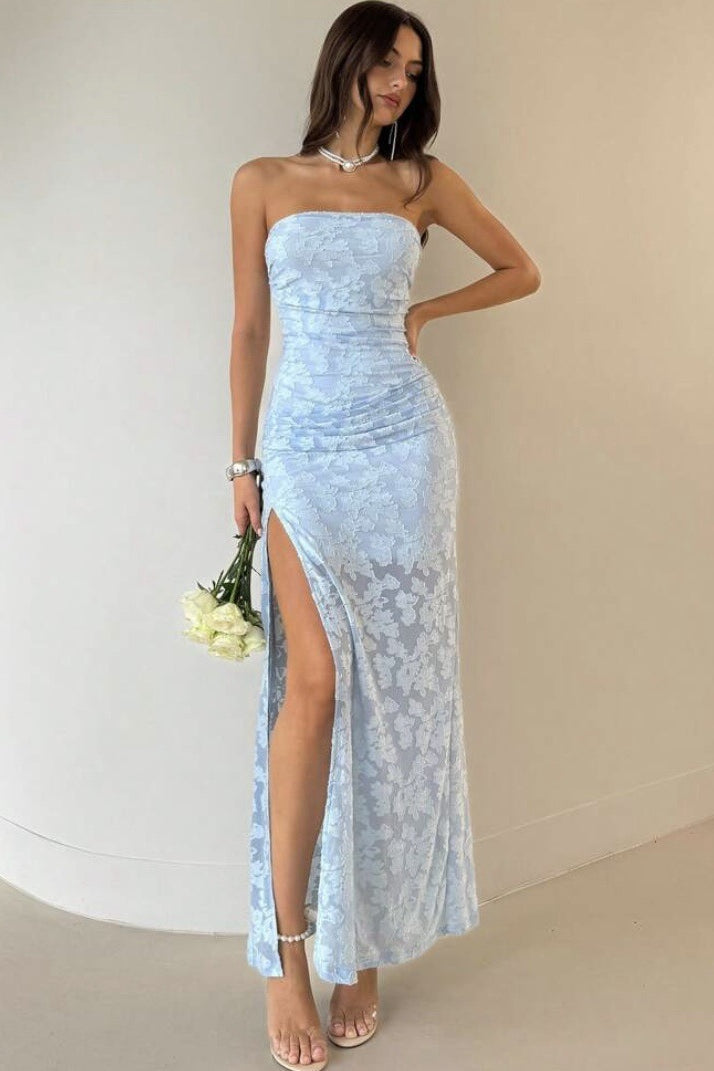 Strapless High Split Lace Dress in Blue