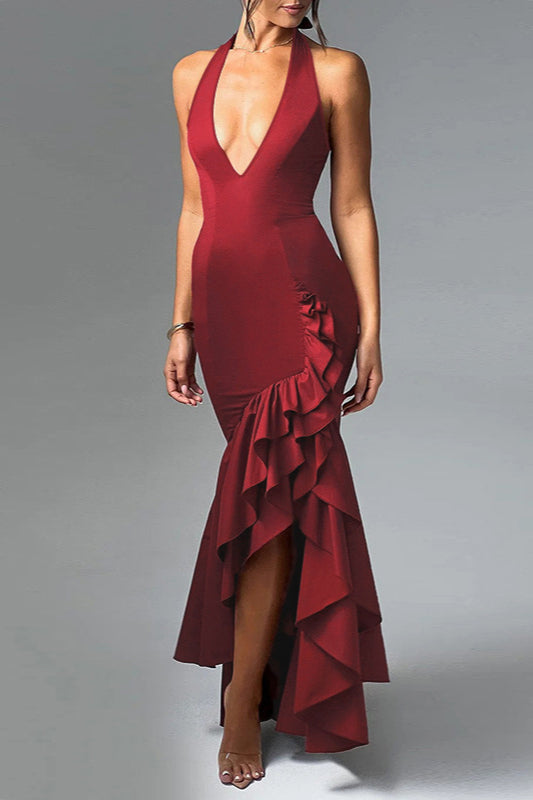 Halter Deep V Ruffled Bodycon Party Dress