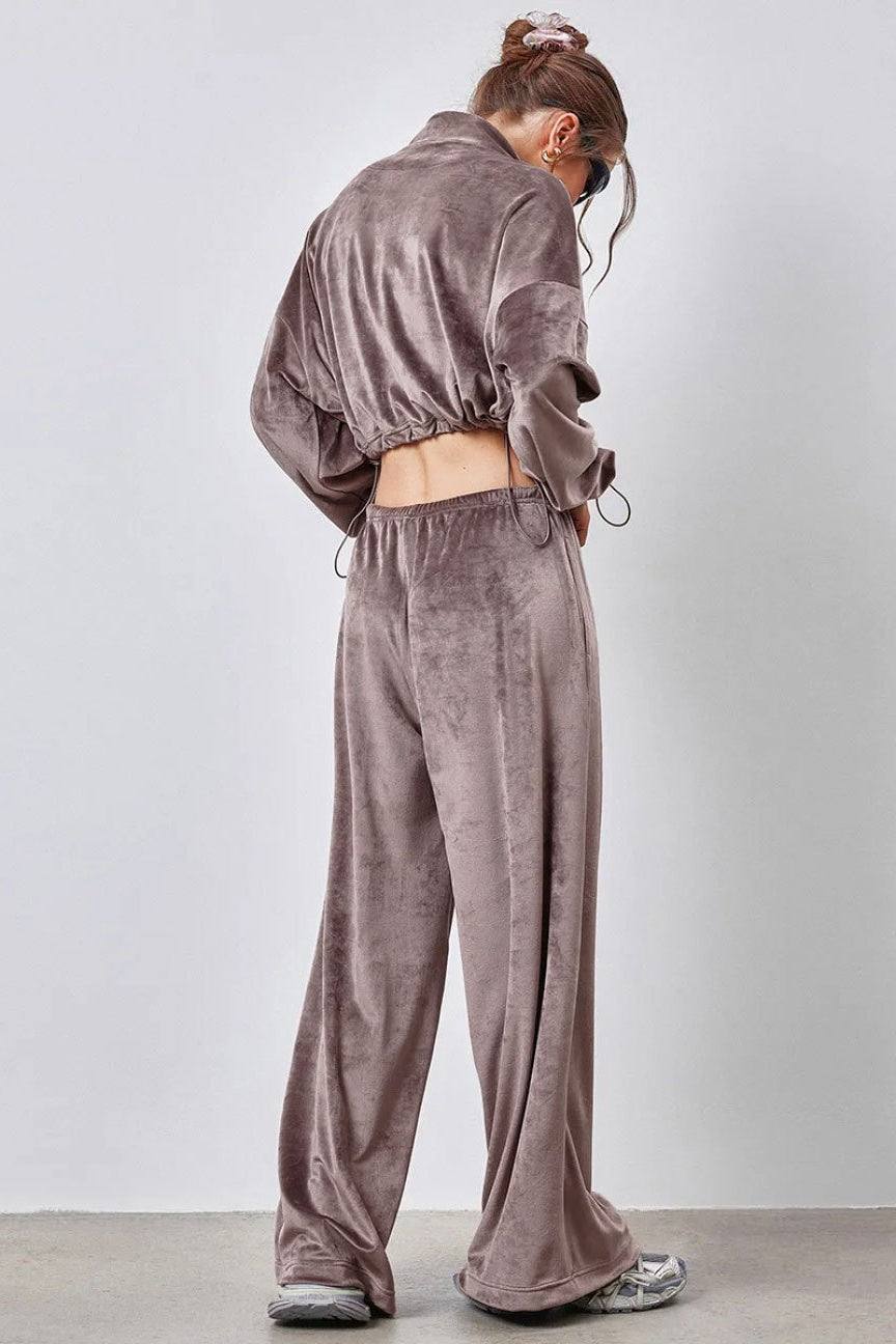 Vintage Drawstring Crop Top and Wide Leg Pants Two Piece Set