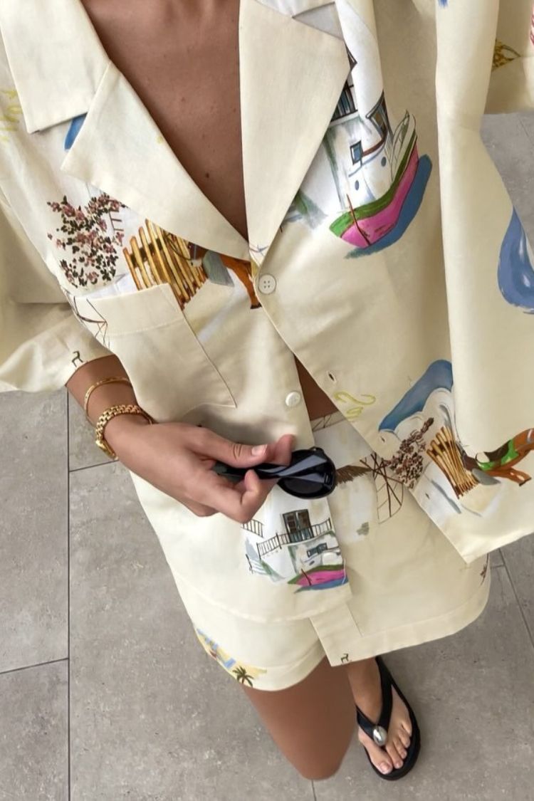 Kea Linen Blend Unique Print Short Sleeve Shirt and High Rise Wrap Panel Miniskirt Set - Fashionpara