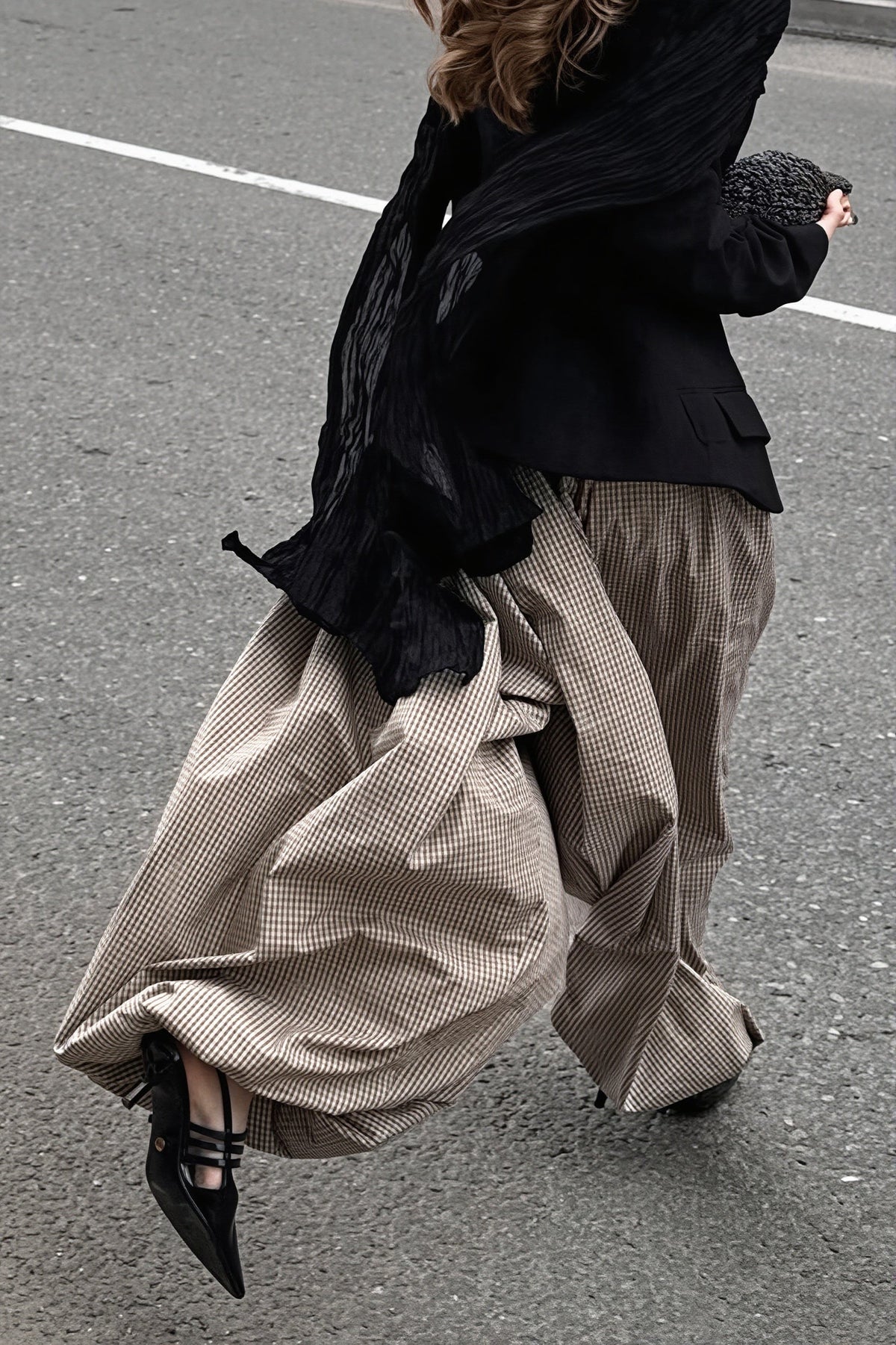 Brown Plaid Elastic Waist Balloon Pants