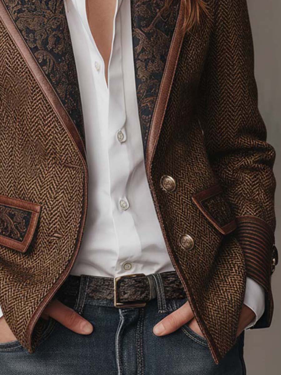 Herringbone Tweed Paisley Panel Faux Leather Trim Blazer 8
