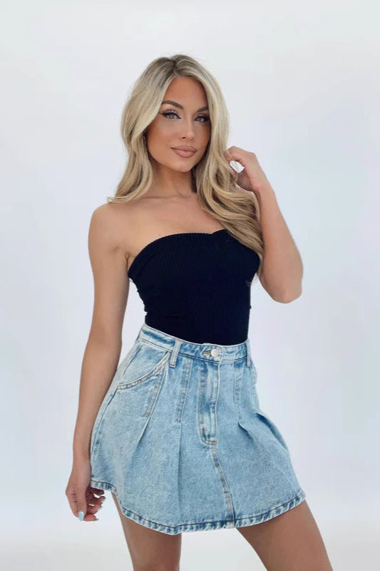 High Waist Denim Pleated A-Line Skirt