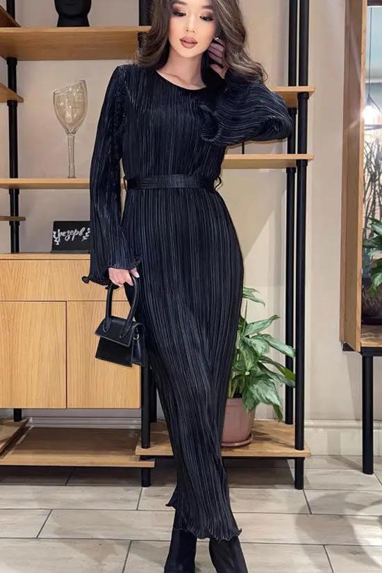 Celebrity Style Crew Neck Bell Sleeve Shift Pleated Maxi Dress - Black  Fashionpara