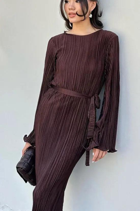 Celebrity Style Crew Neck Bell Sleeve Shift Pleated Maxi Dress - Brown  Fashionpara