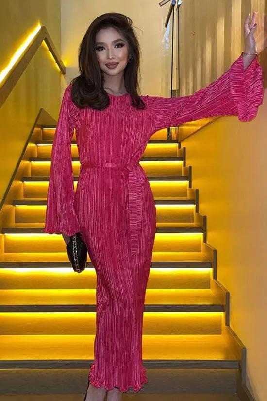 Celebrity Style Crew Neck Bell Sleeve Shift Pleated Maxi Dress - Hot Pink  Fashionpara
