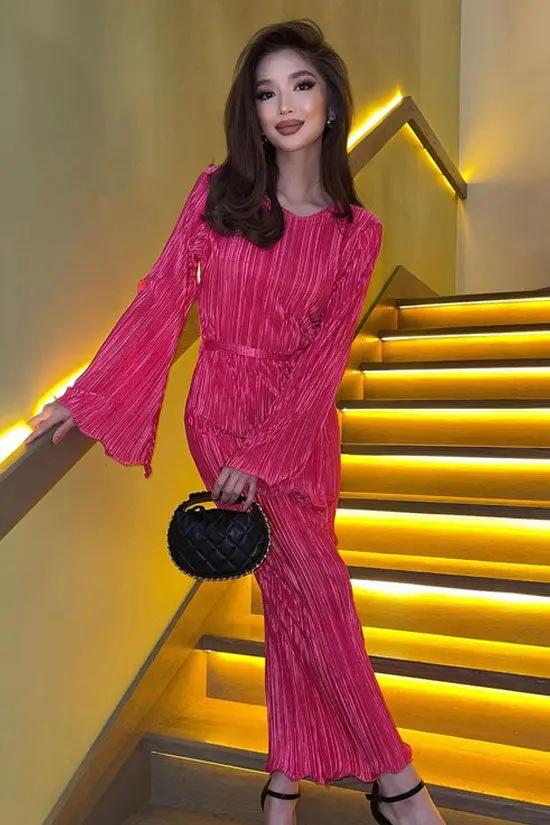 Celebrity Style Crew Neck Bell Sleeve Shift Pleated Maxi Dress - Hot Pink  Fashionpara